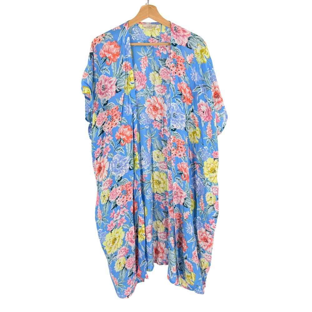 LOFT Floral Open Front Kimono Blue XS/S Boho Summer Beach Coverup Layering Wrap